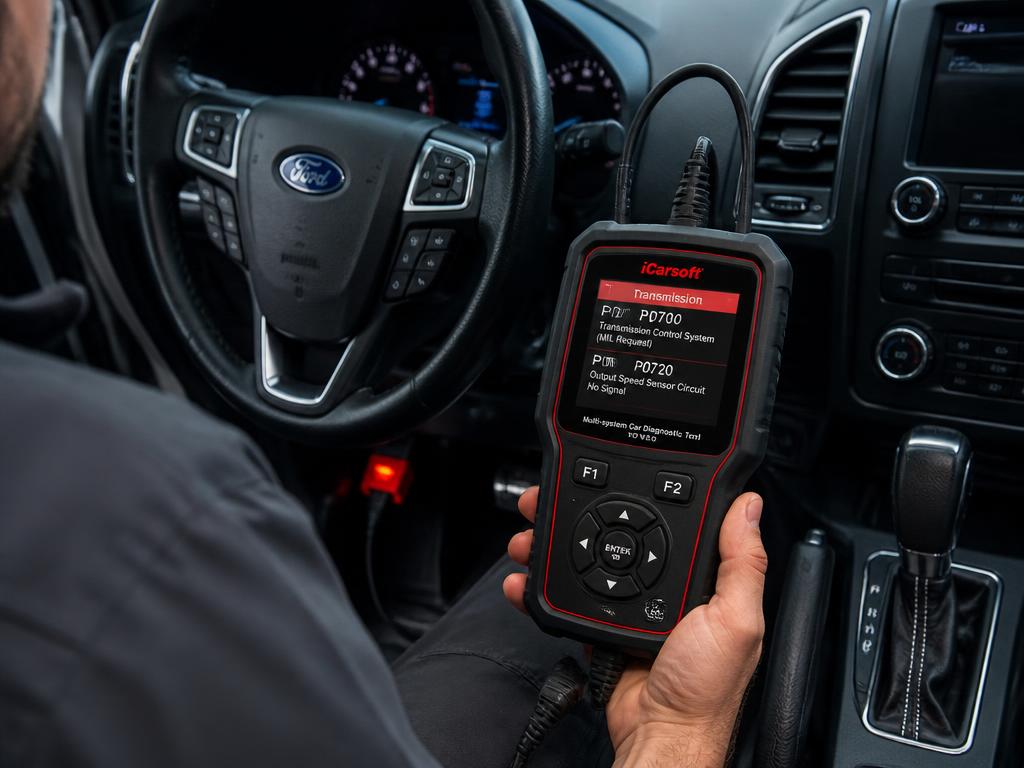 Técnico usando scanner automotivo para diagnóstico da transmissão